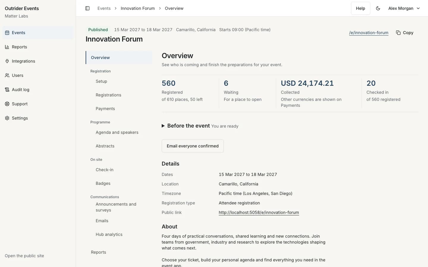 Outrider Events organizer overview for Innovation Forum, a sample event