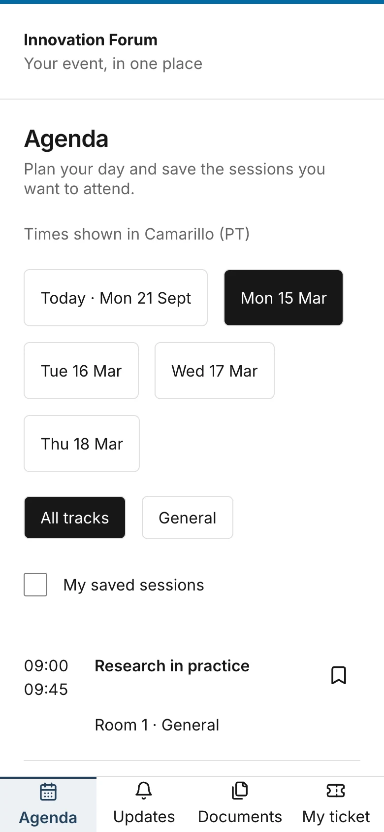 Innovation Forum agenda on an attendee’s phone