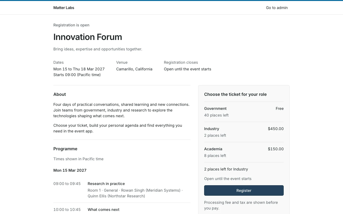 Innovation Forum event page with registration choices and a published program