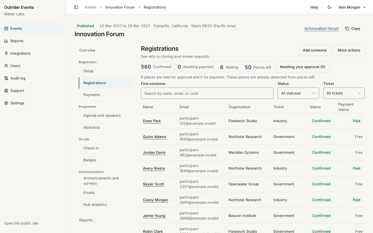 Innovation Forum registration list with attendee details, ticket types and status filters